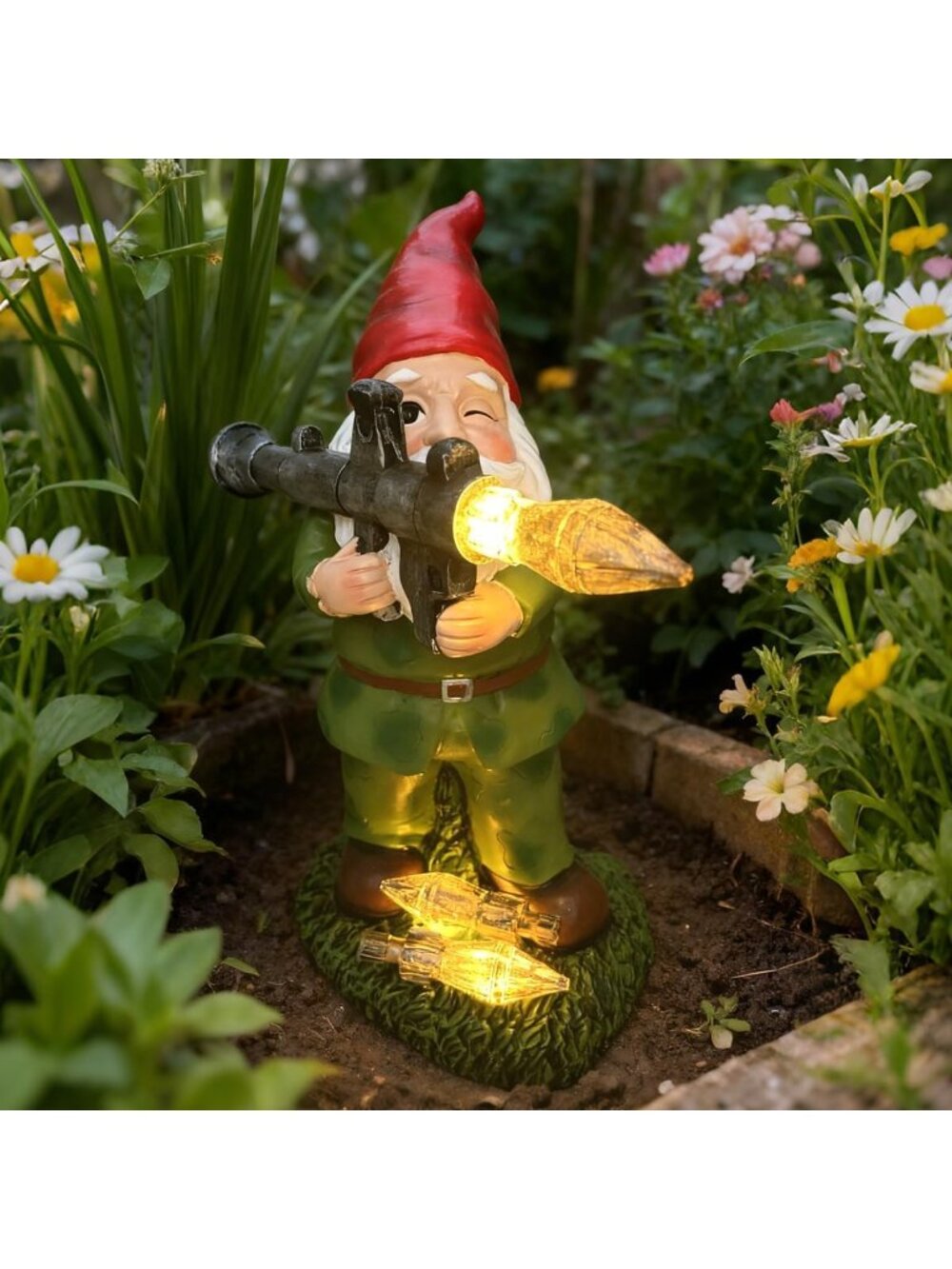 Large Solar Garden Gnome Statue - Military Soldier Decor, Unique Porch Gift